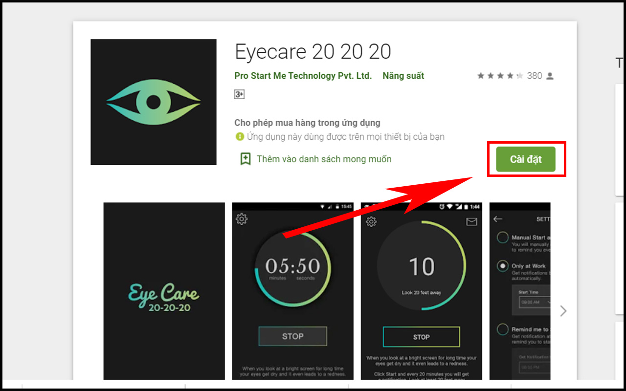 Nhấn v&agrave;o C&agrave;i đặt để sử dụng ứng dụng.